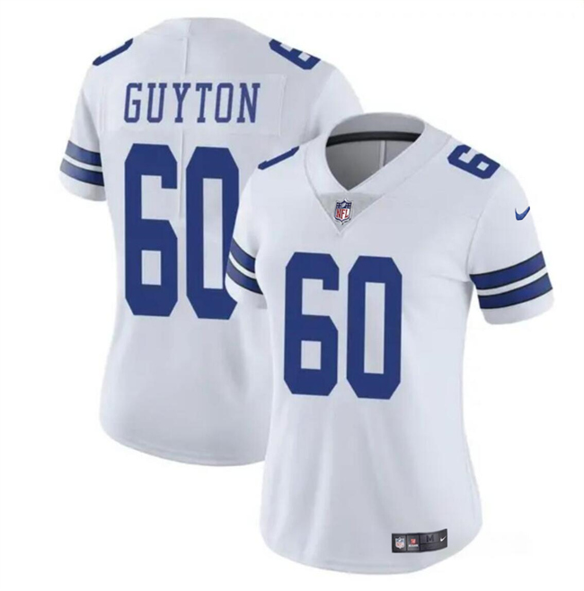 Women's Dallas Cowboys #60 Tyler Guyton White 2024 Draft Vapor Limited Stitched Football Jersey(Run Small）